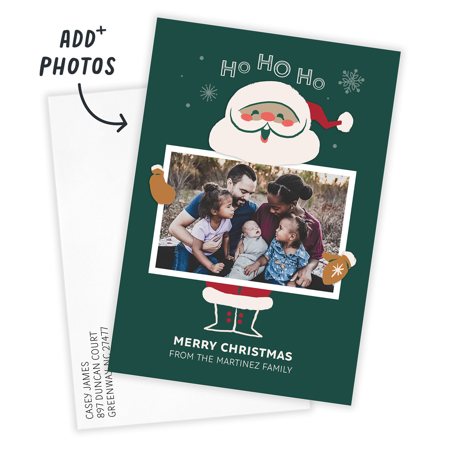 Santa Holding Photo Personalized Christmas Card Card Front indicating personalization image number 2