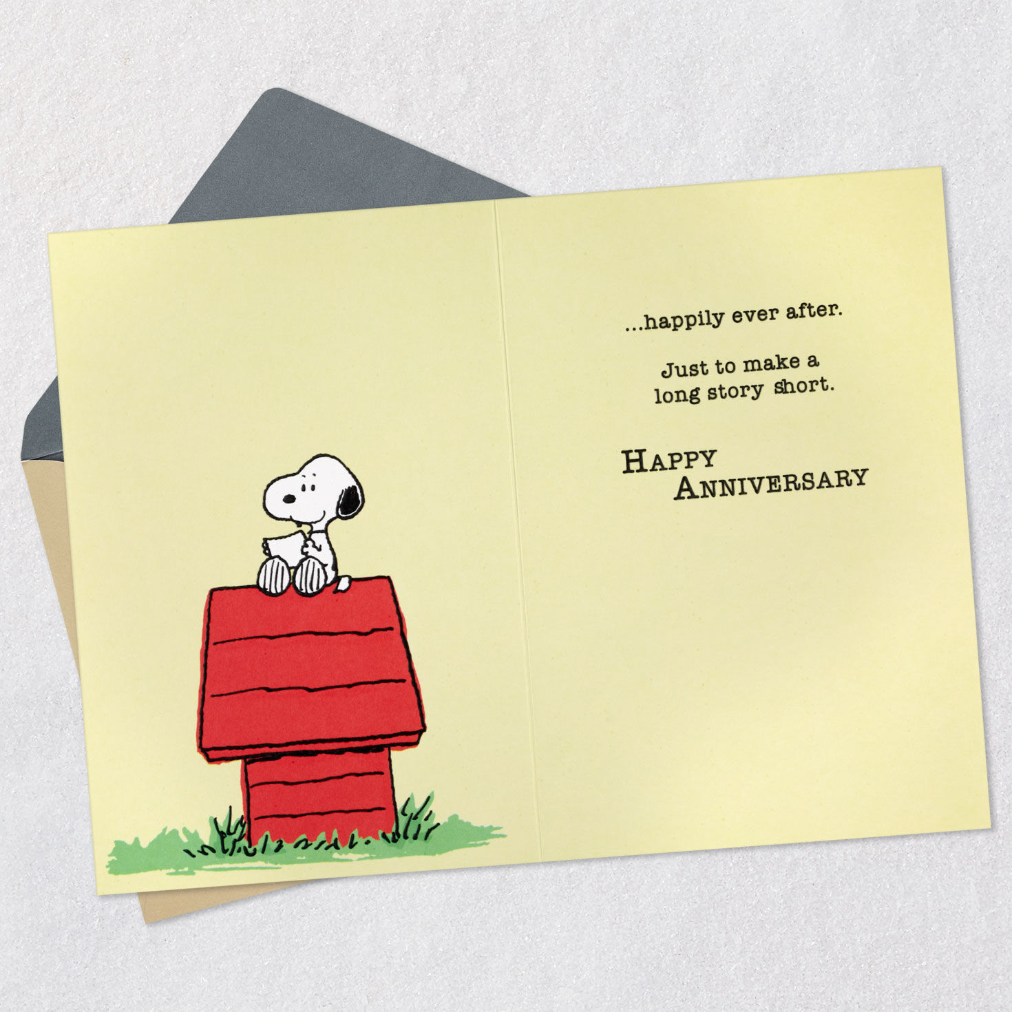 Snoopy at Typewriter Anniversary Card Open card with envelope image number 3