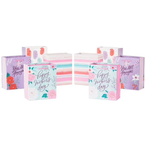 6.5" Floral and Stripe Assorted 8-Pack Small Gift Bags, 