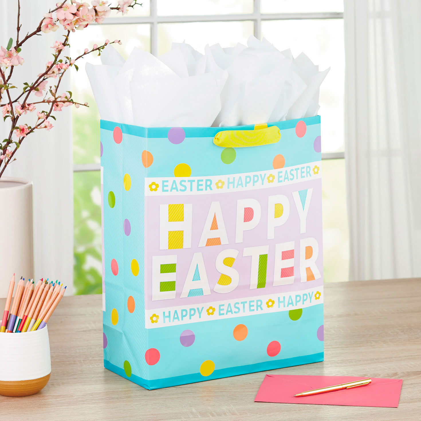 Extra Large Easter Dots Gift Bag With Tissue in use image number 2