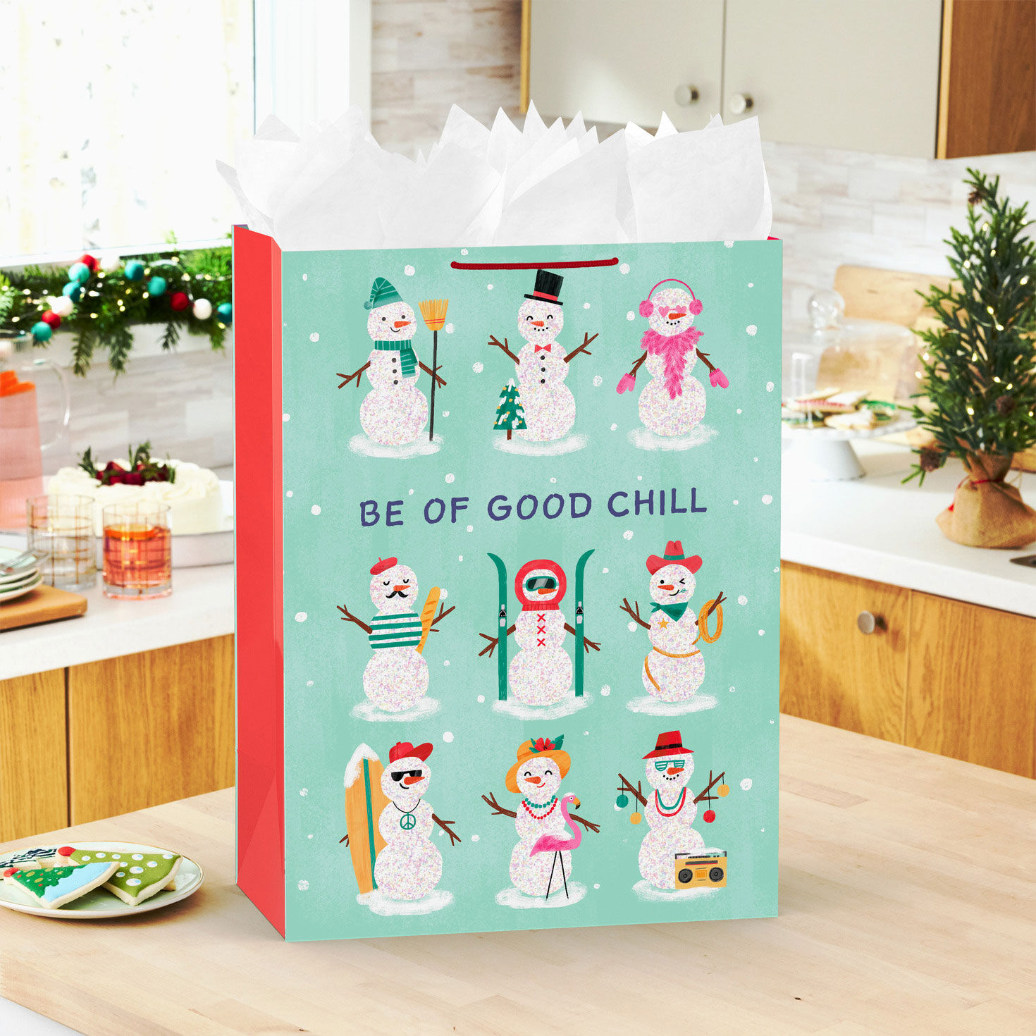 Modern Snowmen on Mint Green Jumbo Christmas Bag In use image number 2