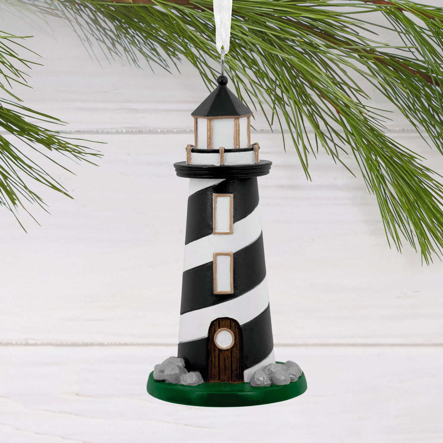 Black and White Lighthouse Christmas Ornament hanging on tree image number 2