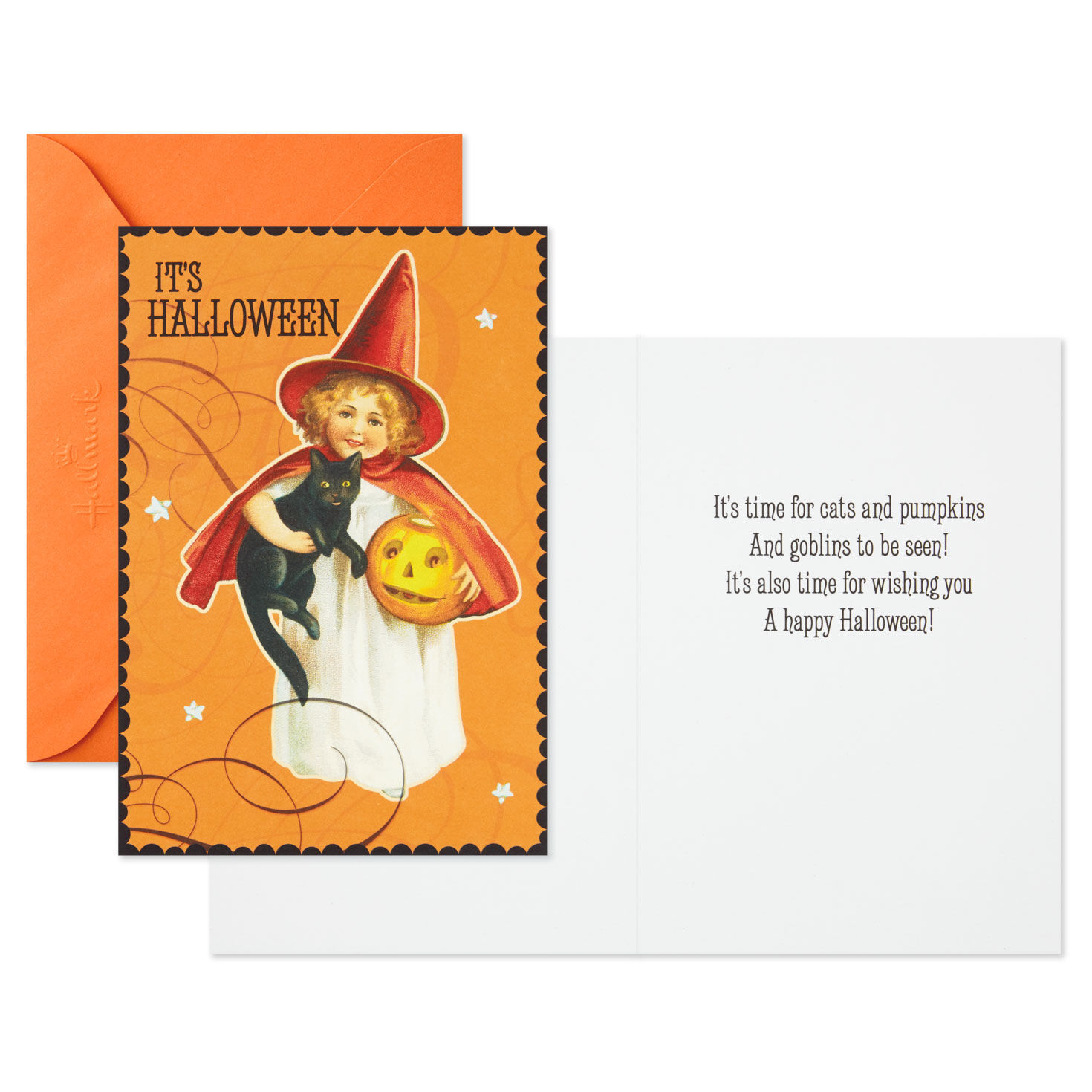 Girl With Cat Vintage Art Halloween Cards Pack Card Front with Sentiment image number 2