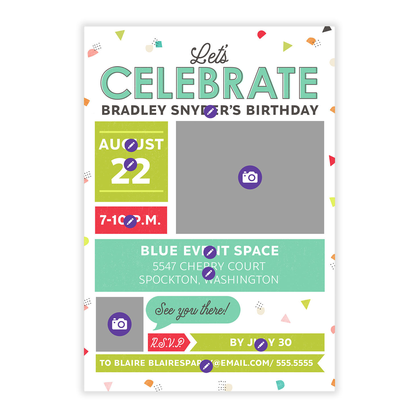 Confetti and Color Blocks Personalized Party Invite Card Front indicating personalization image number 5