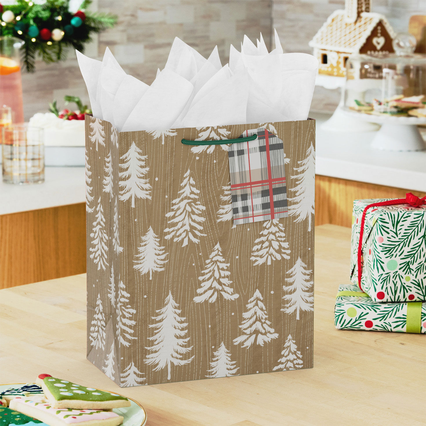 White Trees on Kraft Medium Holiday Gift Bag in use image number 2