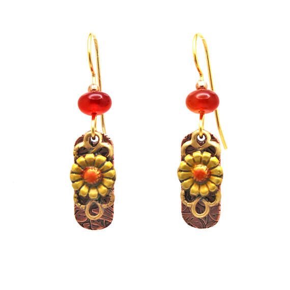Silver Forest Red and Gold Flower Layered Metal Earrings
