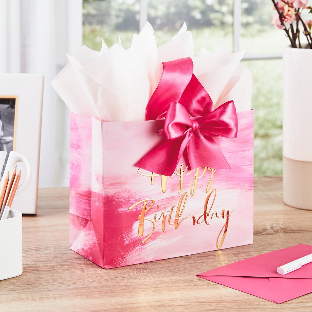 7 7 Horizontal Pink Happy Birthday Gift Bag With Tissue Gift