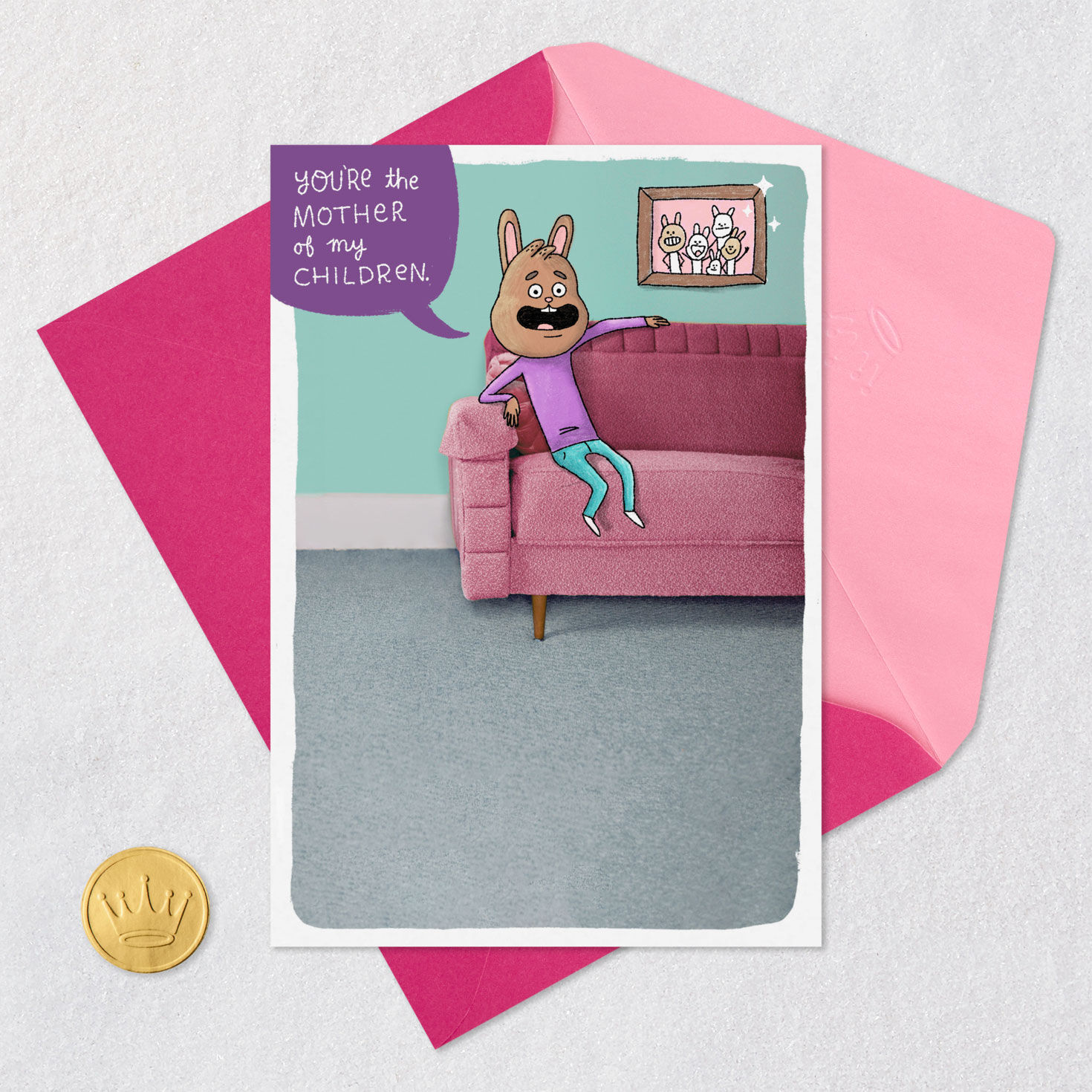 Bunny Dad on Couch Wife or Ex-Wife Mother's Day Card Card Front with Envelope and Gold Seal image number 6