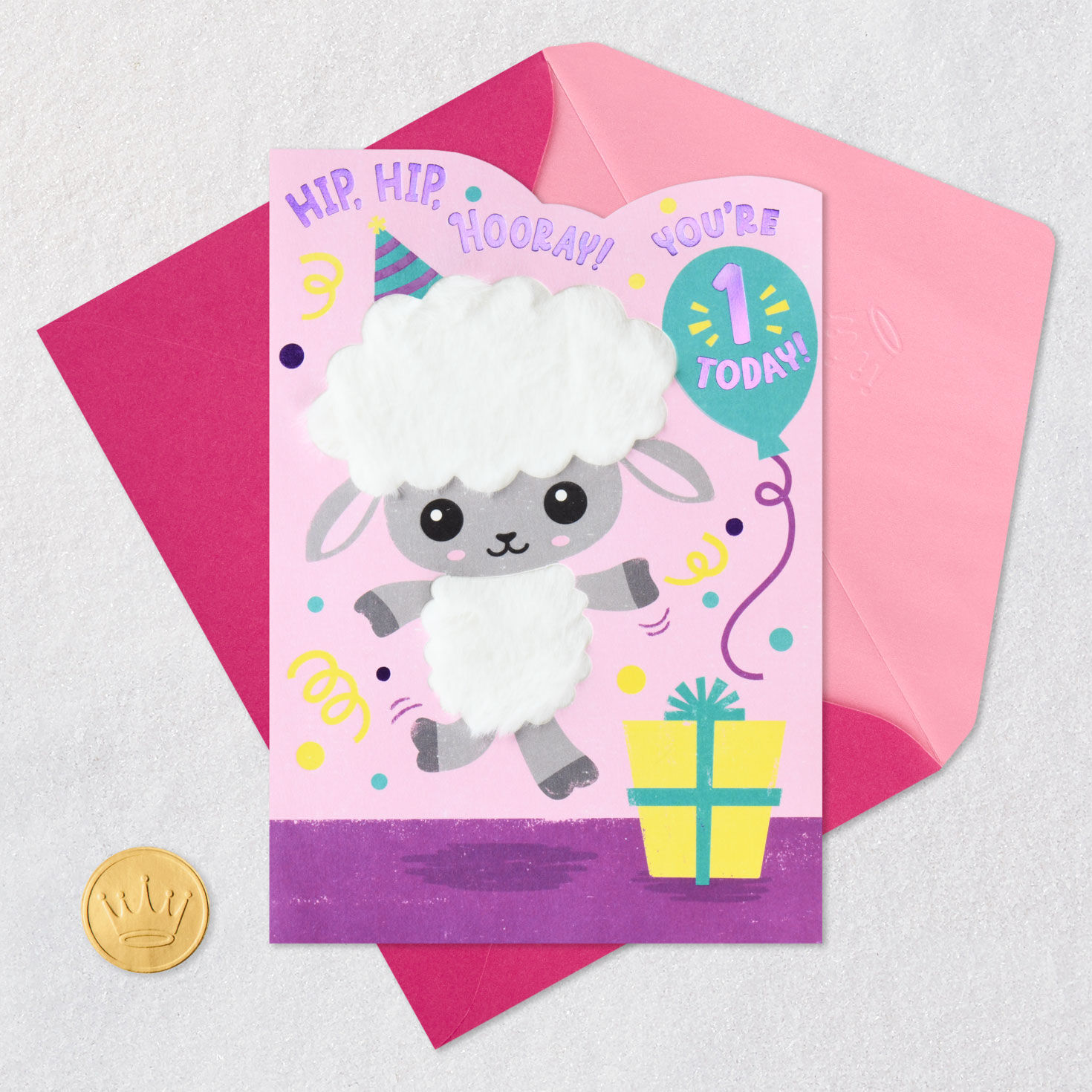 Fuzzy Lamb With Balloon First Birthday Card Card Front with Envelope and Gold Seal image number 5