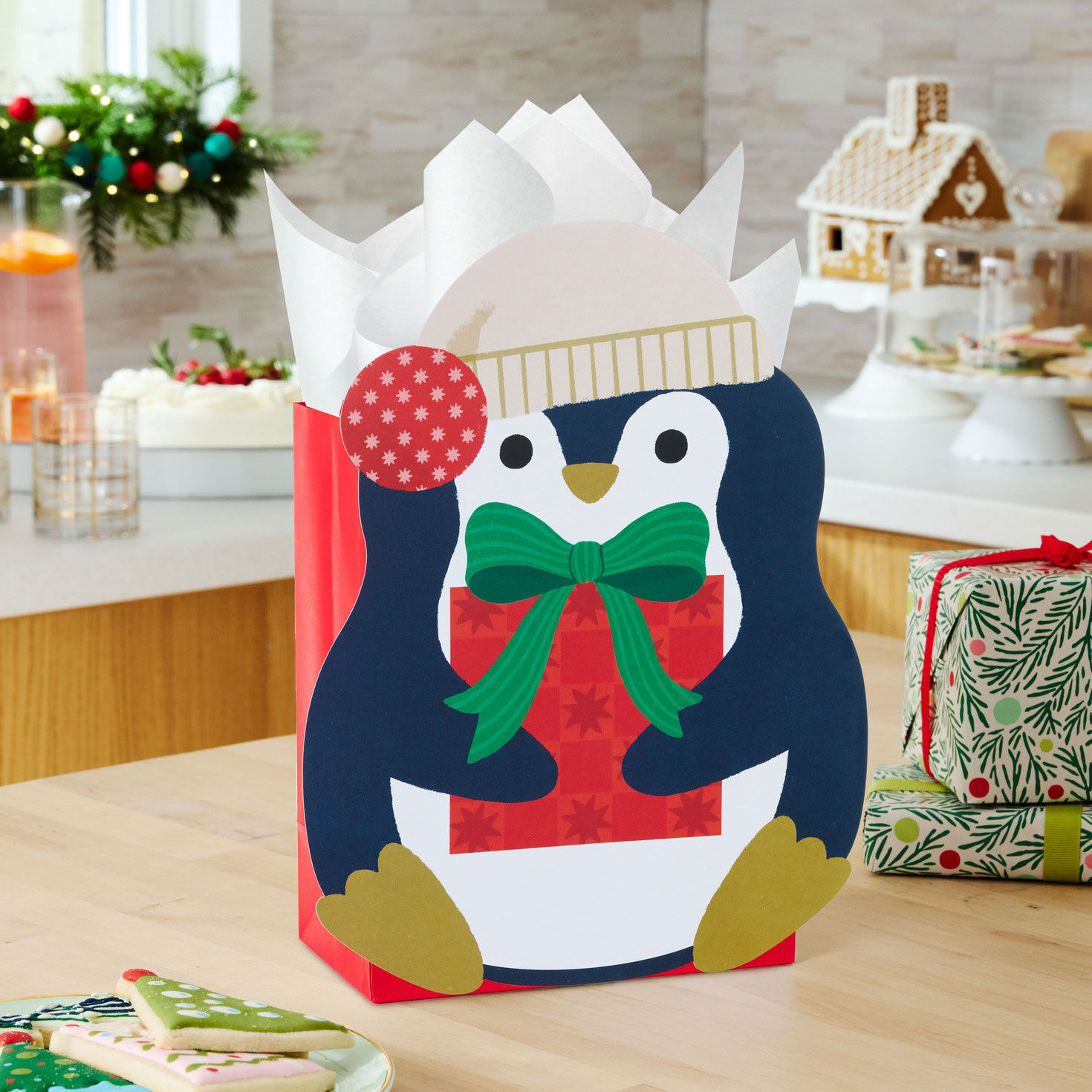 Penguin with Present Medium Holiday Gift Bag in use image number 2
