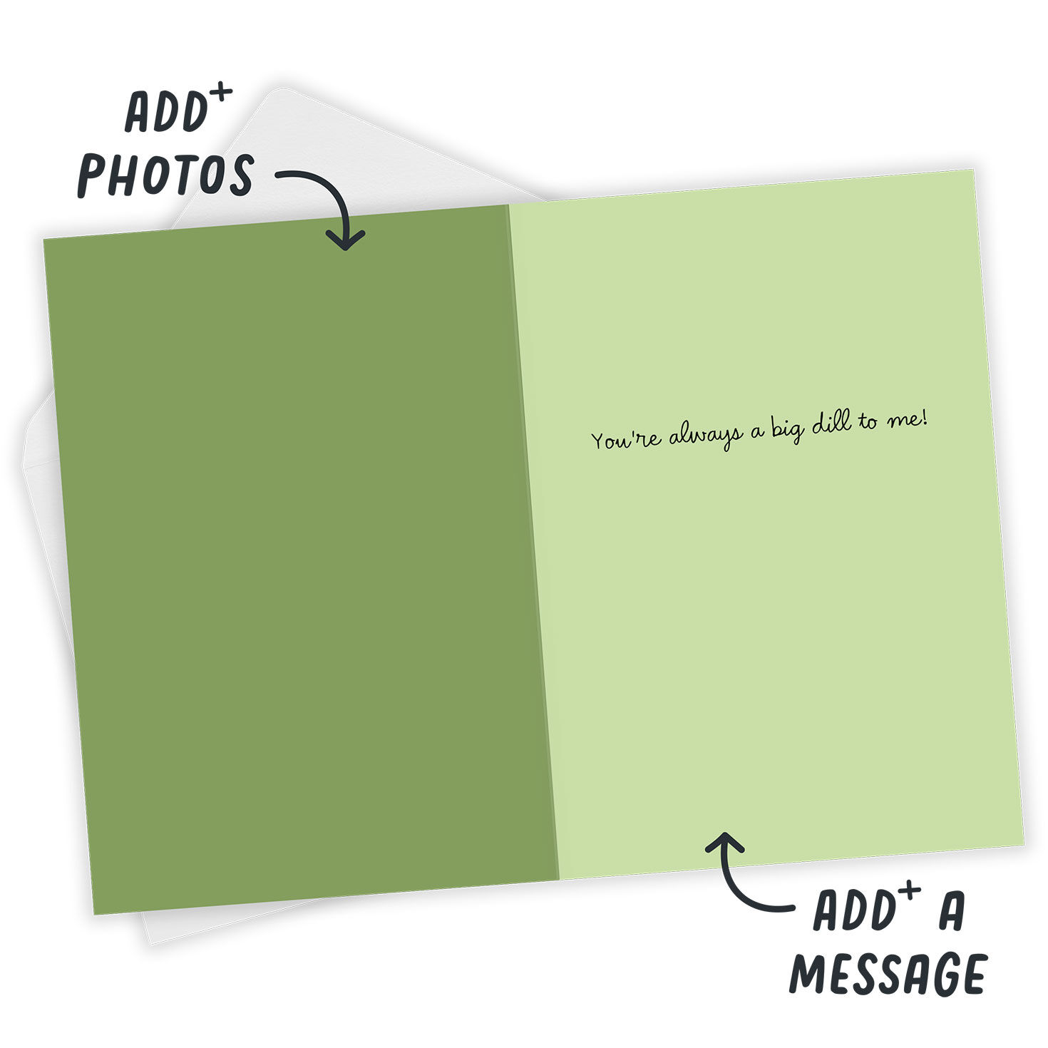 Pickle With Face Arms Personalized Encouragement Card Open Card with Envelope indicating personalization image number 3