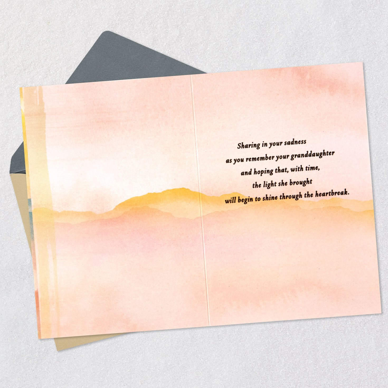 Watercolor Sunset Landscape Granddaughter Sympathy Card Open card with envelope image number 3
