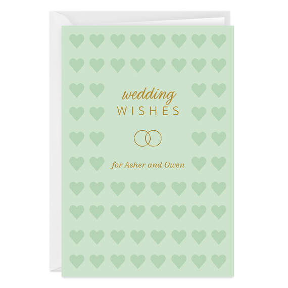 Personalized Hearts and Gold Rings Wedding Card