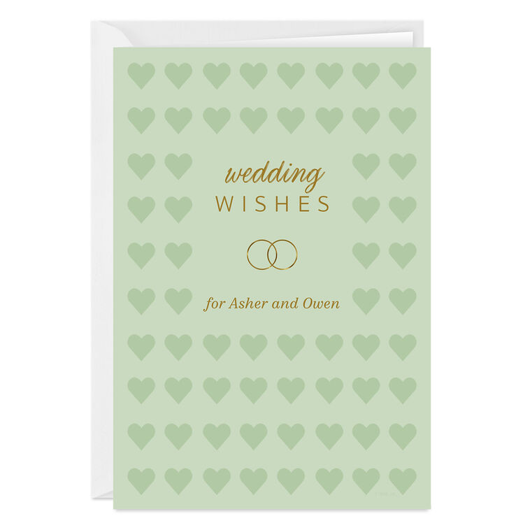 Personalized Hearts and Gold Rings Wedding Card