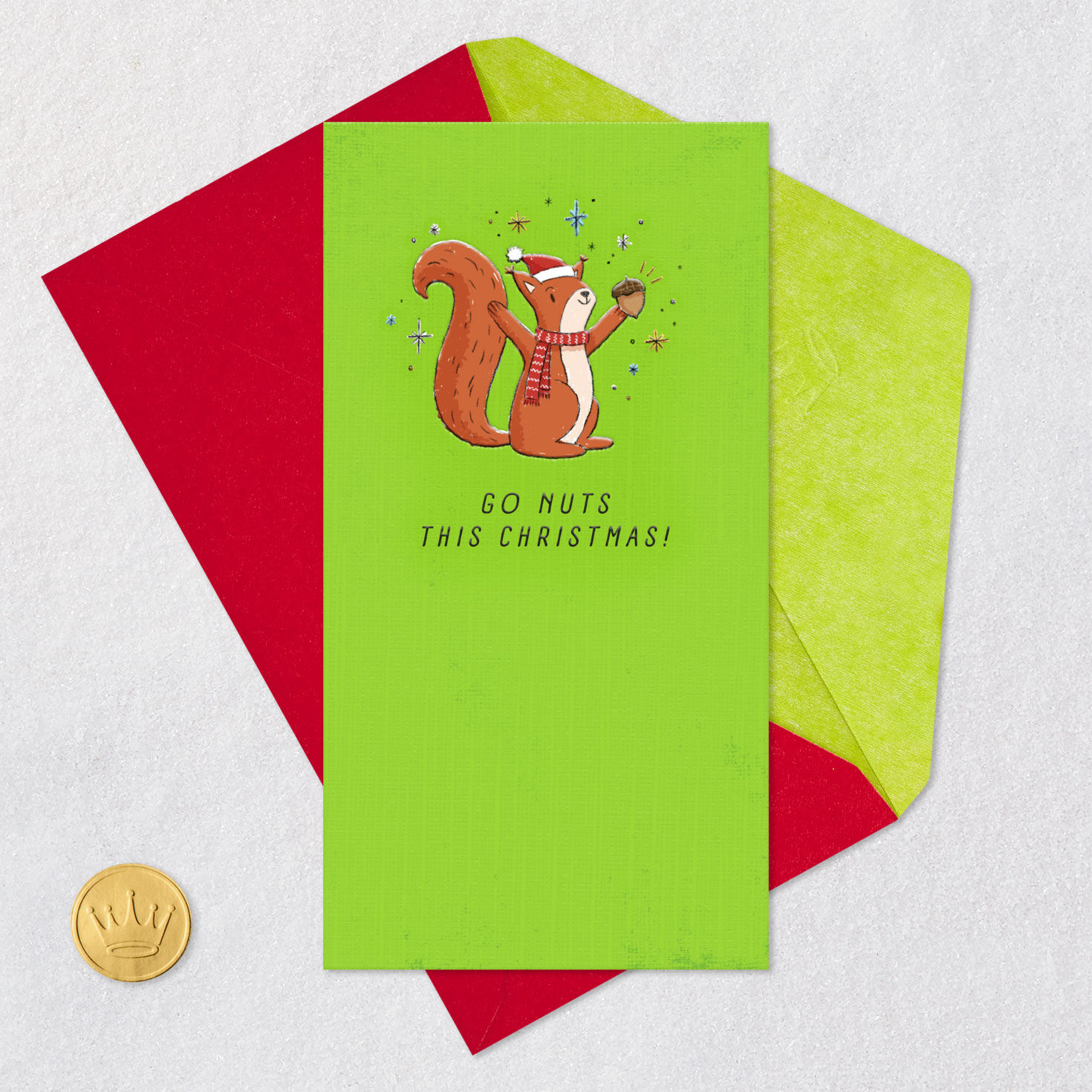 Squirrel on Green Christmas Money Holder Card Card Front with Envelope and Gold Seal image number 6