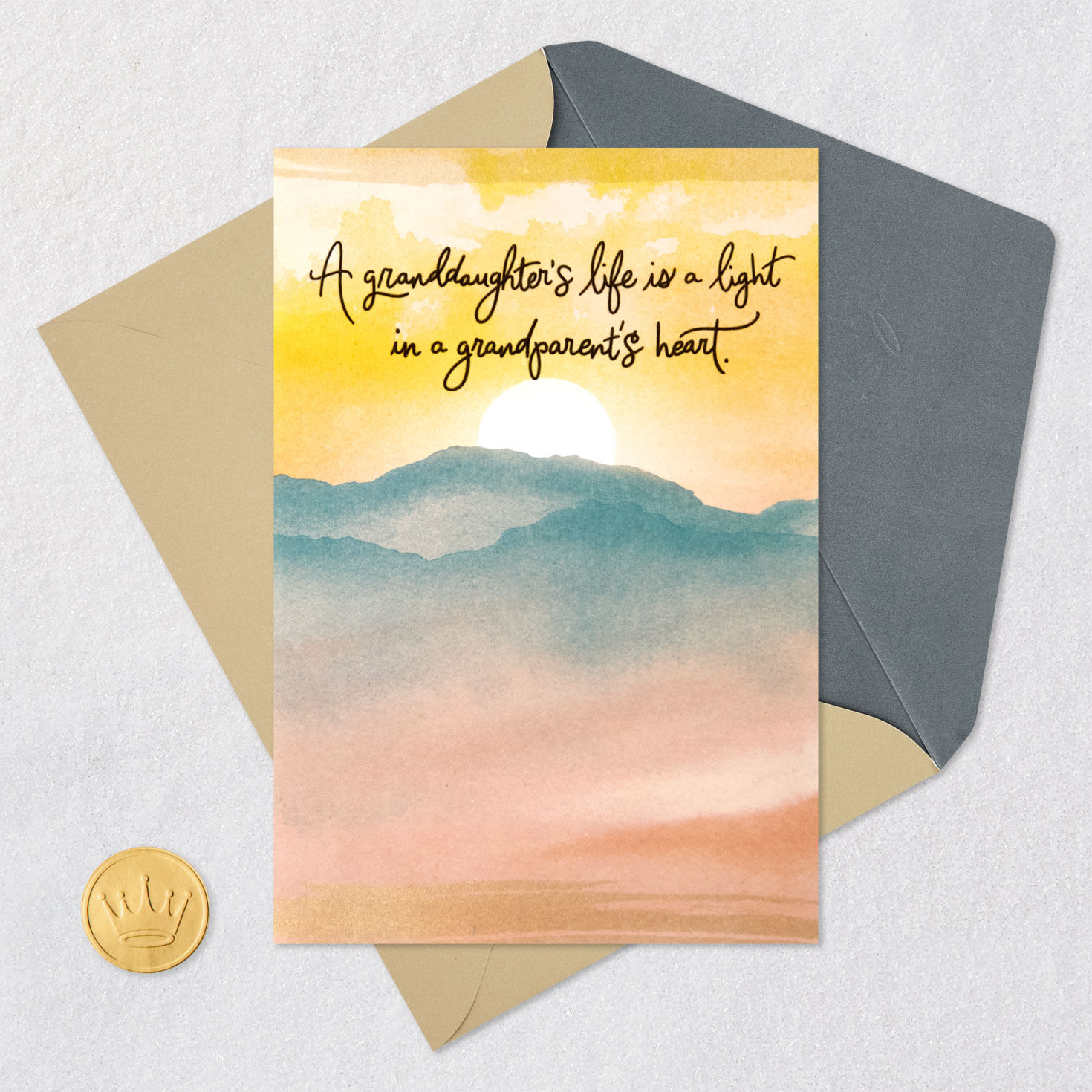 Watercolor Sunset Landscape Granddaughter Sympathy Card Card Front with Envelope and Gold Seal image number 5