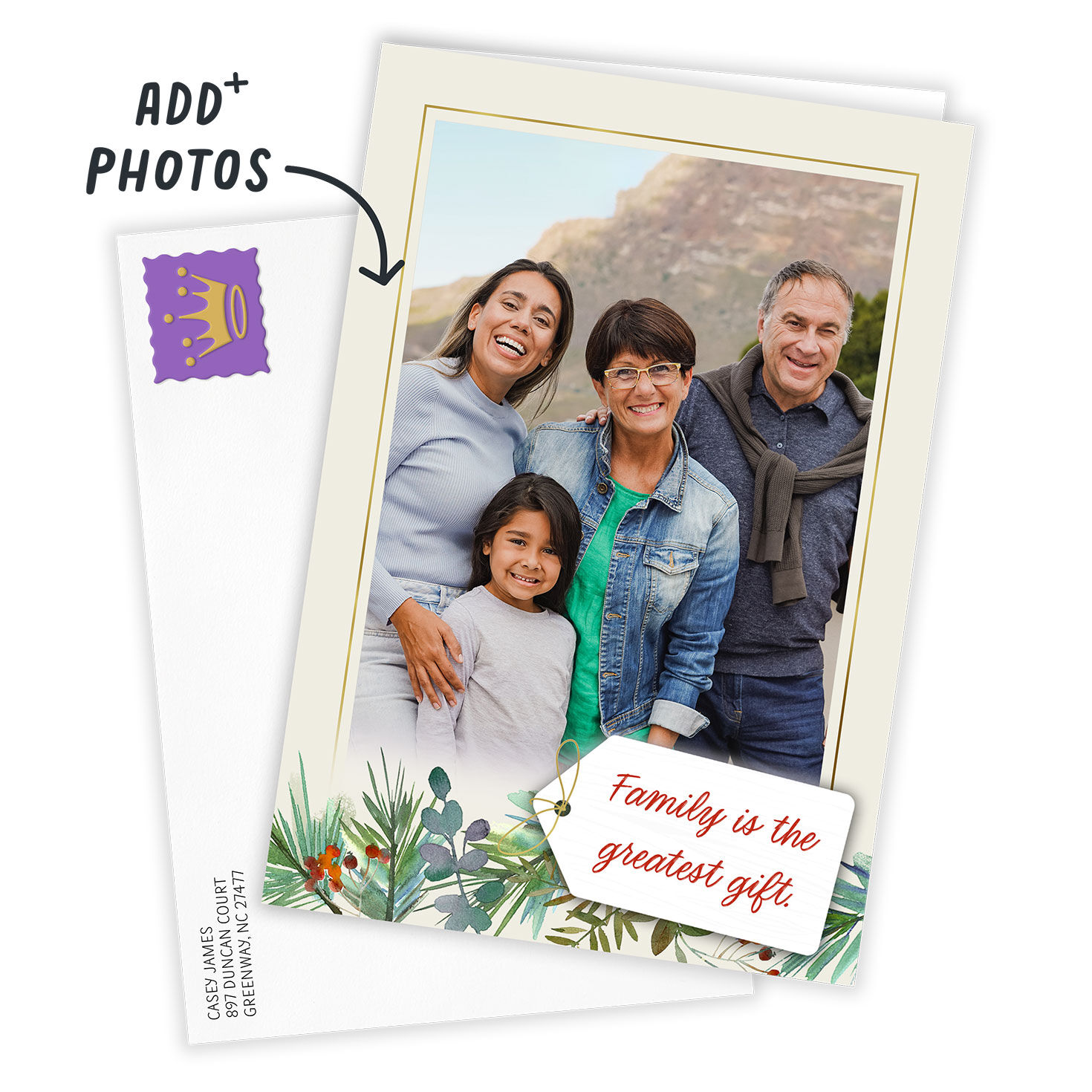 Winter Greens and Tag on Photo Frame Christmas Card Card Front indicating personalization image number 2