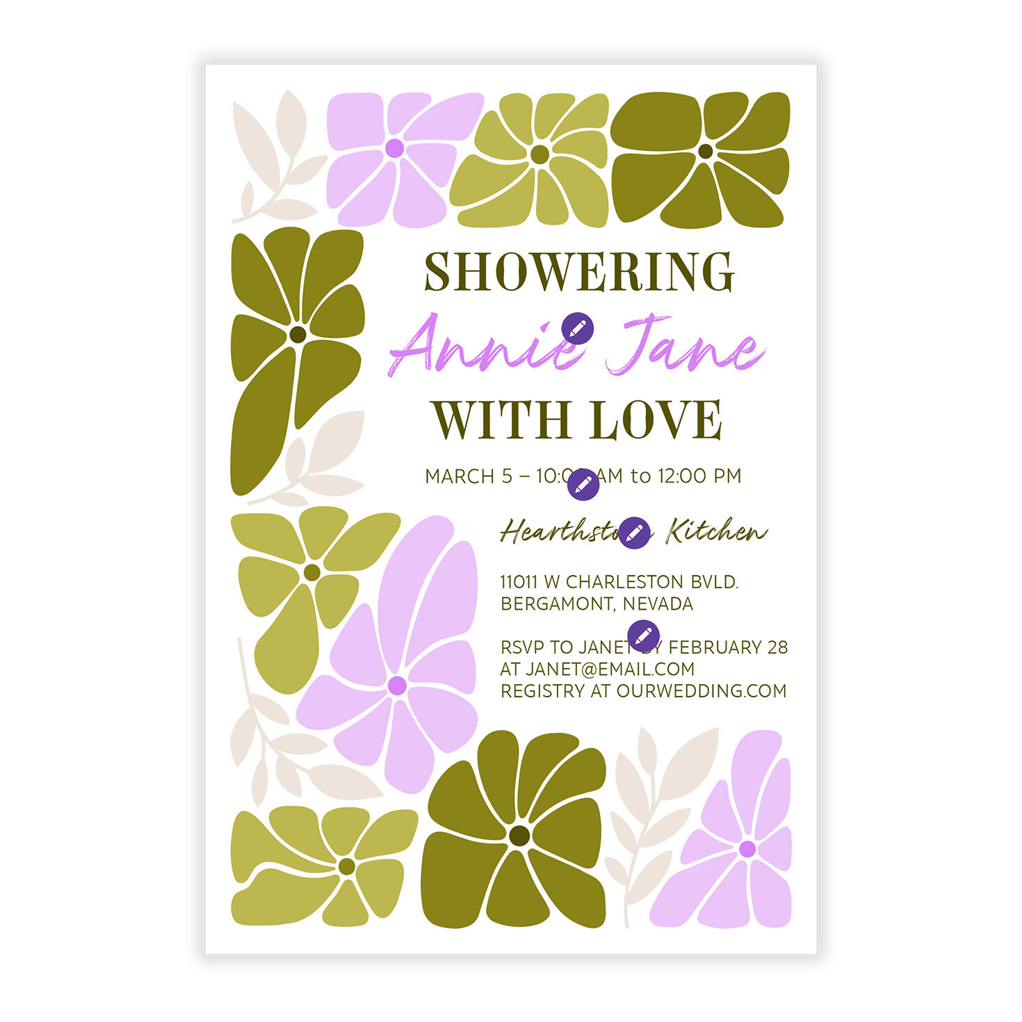 Green Pink Flowers Personalized Shower Invitation Card Front indicating personalization image number 5