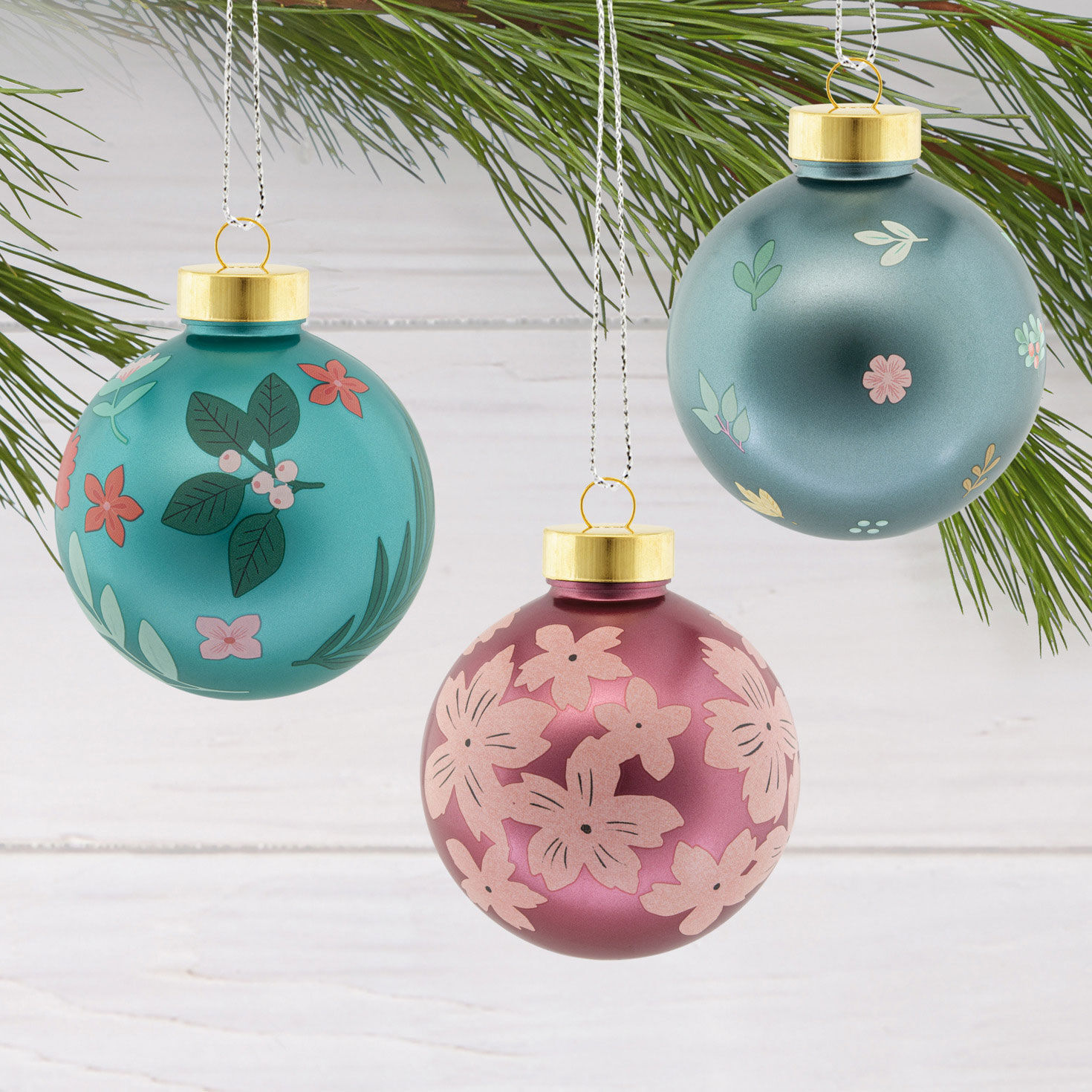Pink & Green Holiday Ball Christmas Ornaments hanging on a tree image number 2