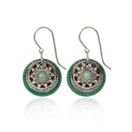 Silver Forest Green Stone and Silver-Tone Metal Flower Layered Drop Earrings, 