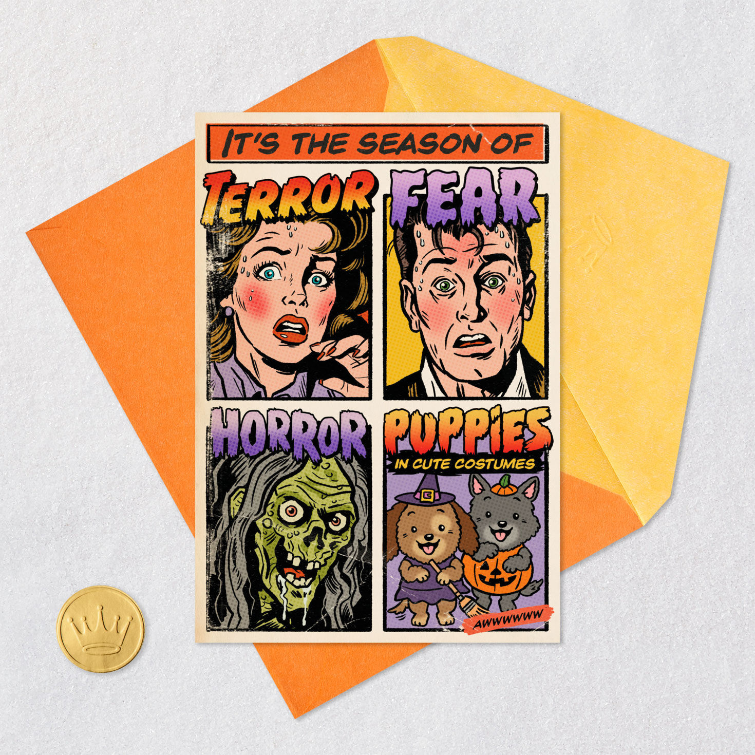 Horror and Puppies in Costume Funny Halloween Card Card Front with Envelope and Gold Seal image number 5