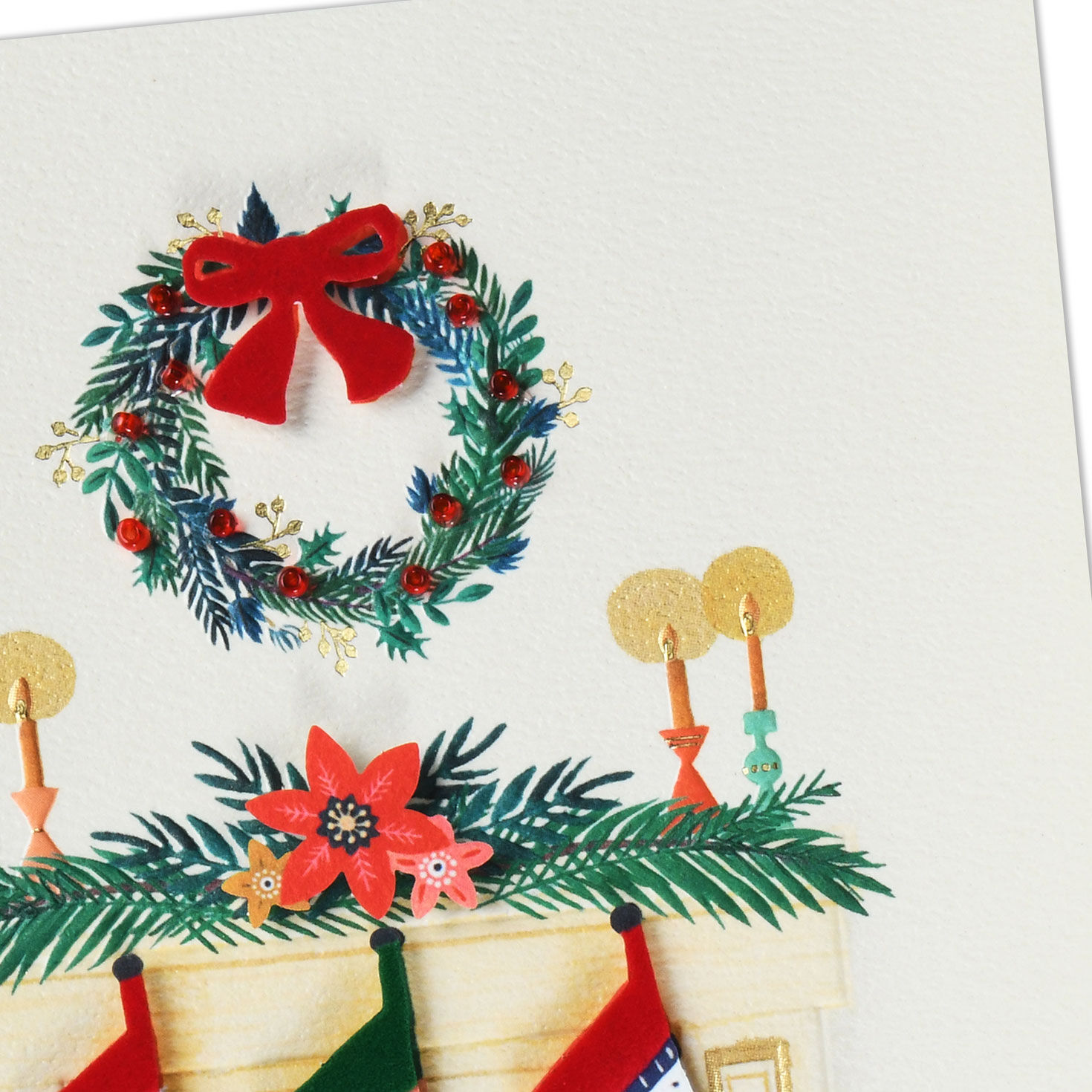 Holiday Stockings on Fireplace Mantel Christmas Card Card Front Detail image number 4