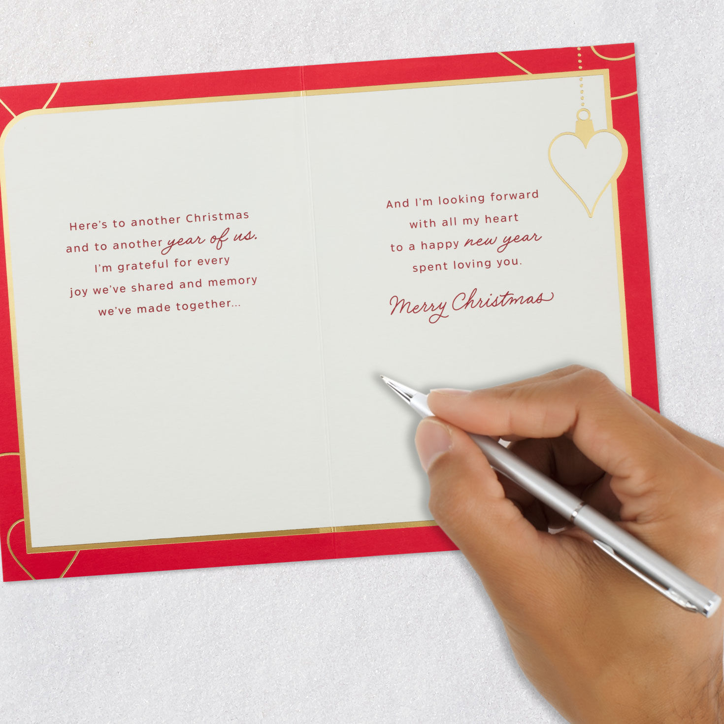 Gold Ornaments on Red Romantic Christmas Card Signing card image number 7