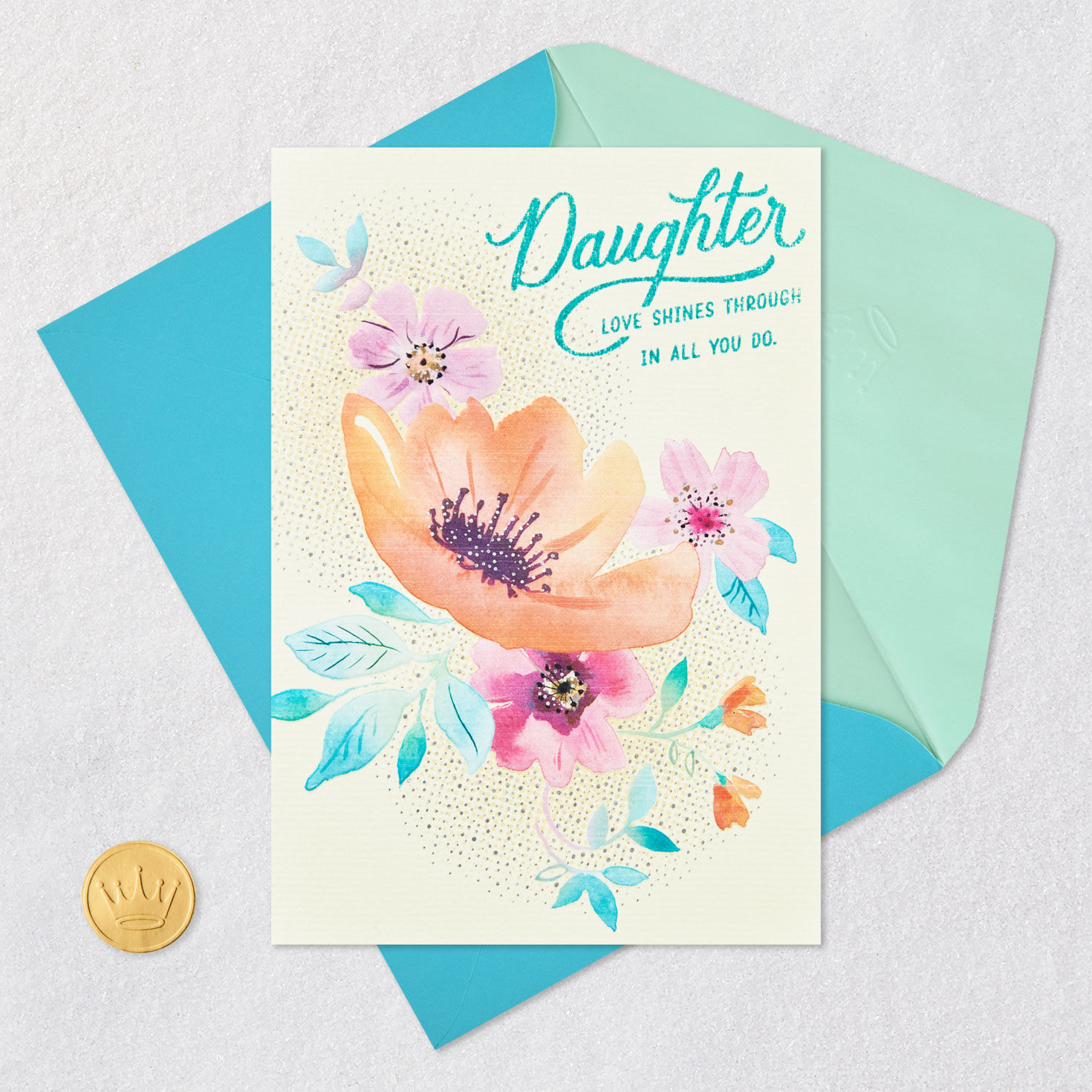 Pink and Peach Flowers Mother's Day Card for Daughter Card Front with Envelope and Gold Seal image number 5