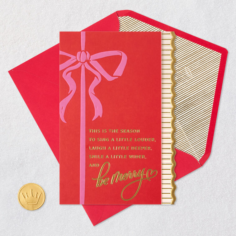 Elegant Pink Bow on Red Christmas Card Card Front with Envelope and Gold Seal image number 6