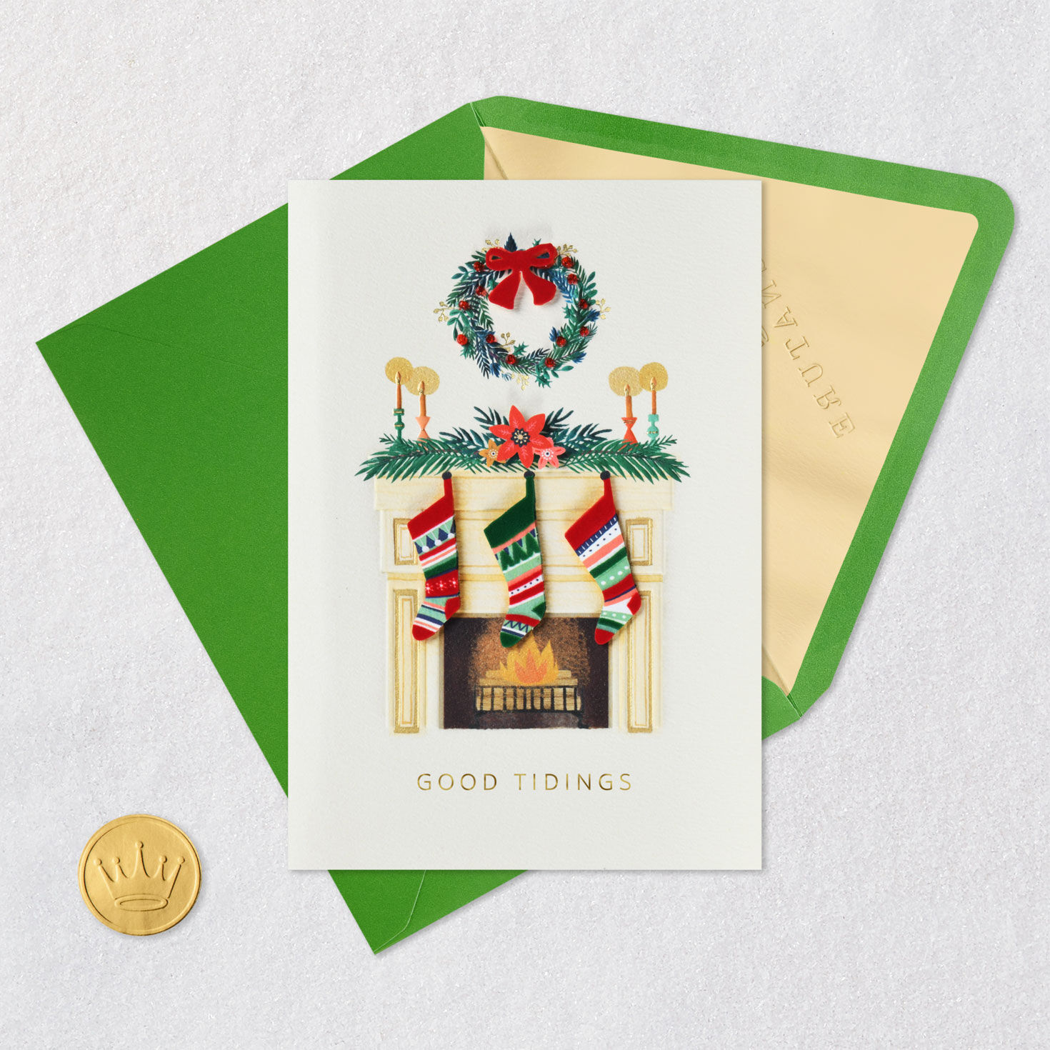 Holiday Stockings on Fireplace Mantel Christmas Card Card Front with Envelope and Gold Seal image number 5
