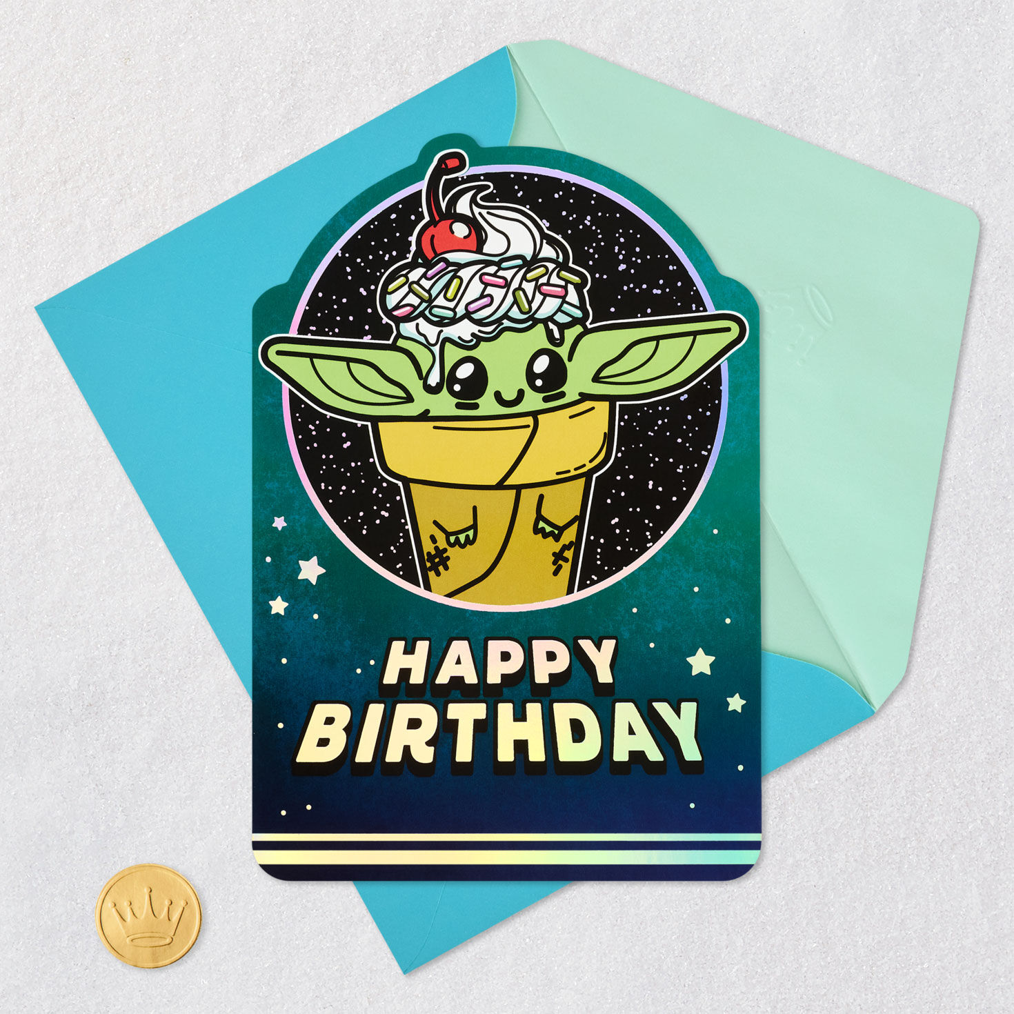 Star Wars: The Mandalorian Grogu Kids Birthday Card Card Front with Envelope and Gold Seal image number 5