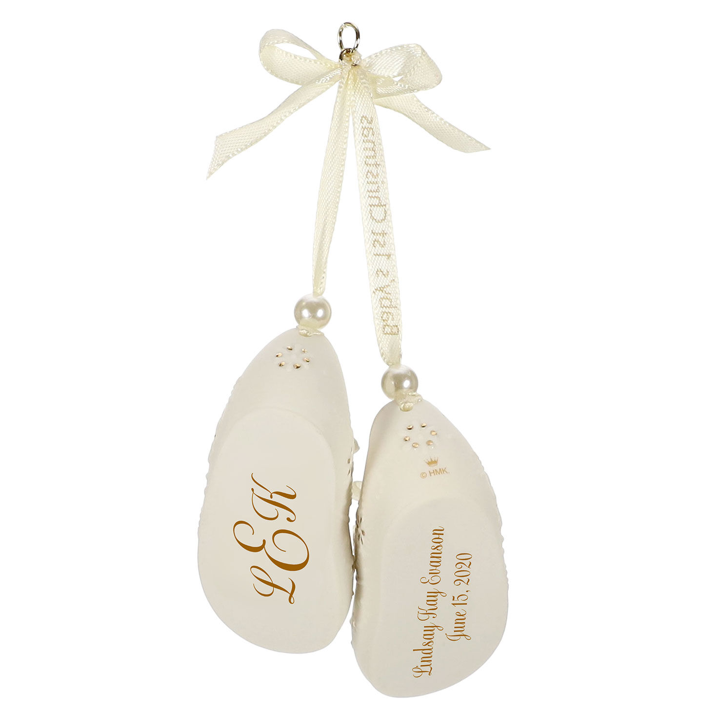 Baby&rsquo;s First Christmas Monogram Booties Porcelain Personalized Ornament, Custom Text Back image number 2