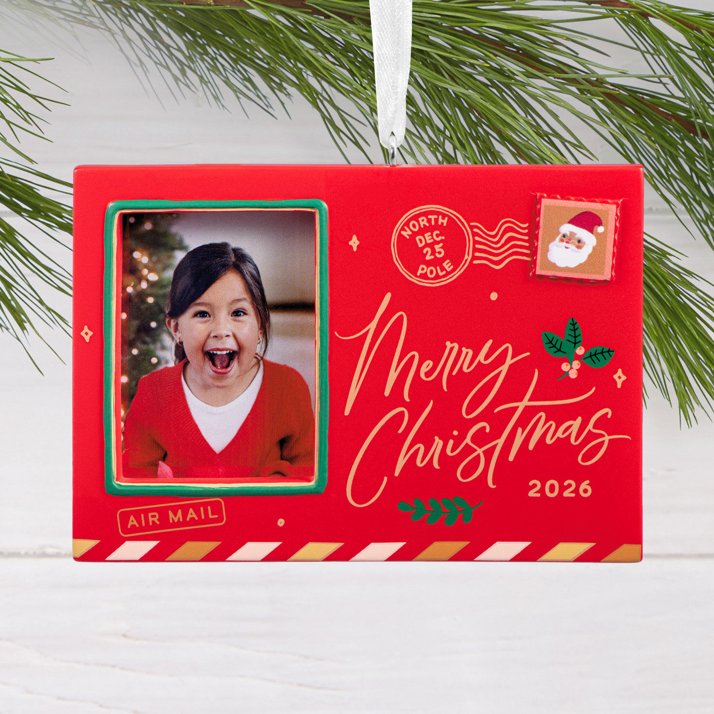 Holiday Postcard Photo Frame Christmas Ornament hanging on tree image number 2
