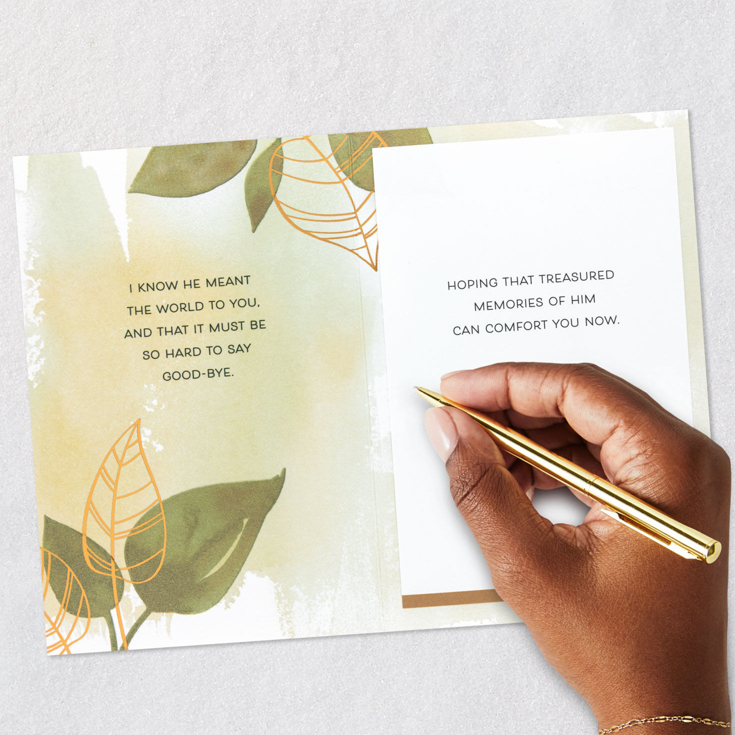 Green and Gold Leaves Grandfather Sympathy Card Signing card image number 7