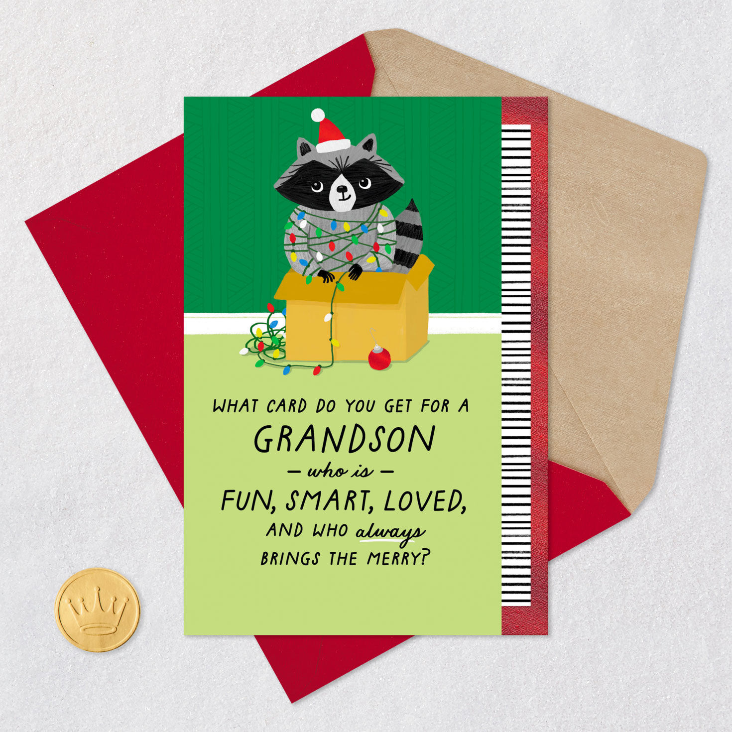 Santa Raccoon in Lights Grandson Christmas Card Card Front with Envelope and Gold Seal image number 5