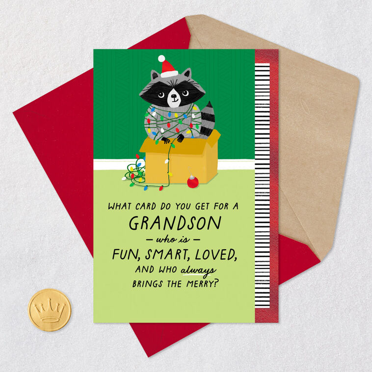 Santa Raccoon in Lights Grandson Christmas Card Card Front with Envelope and Gold Seal image number 5
