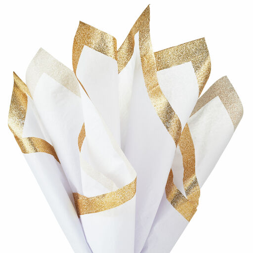 White Tissue Paper With Gold Glitter Edges, 4 Sheets, White Gold