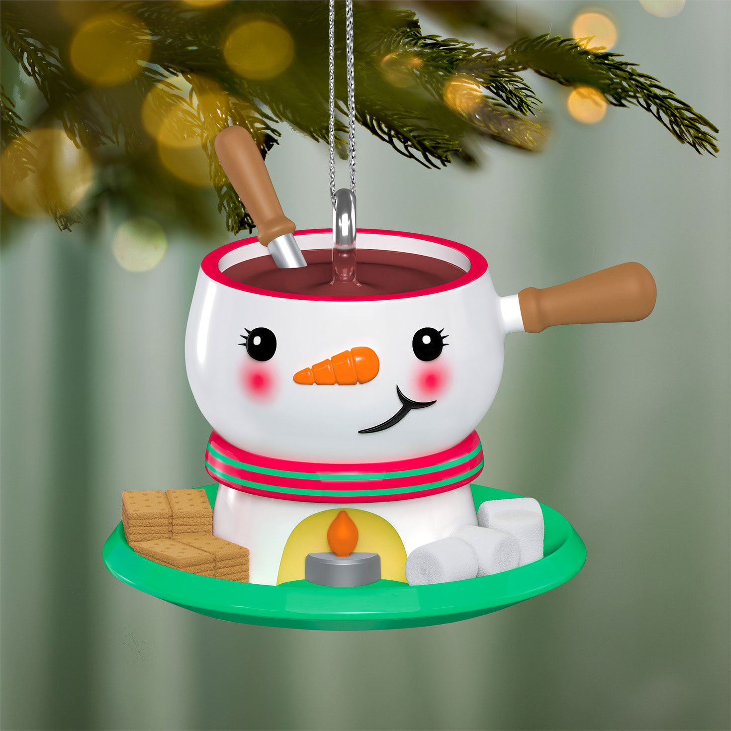 Snowman Fondue Pot Keepsake Ornament hanging on tree image number 2