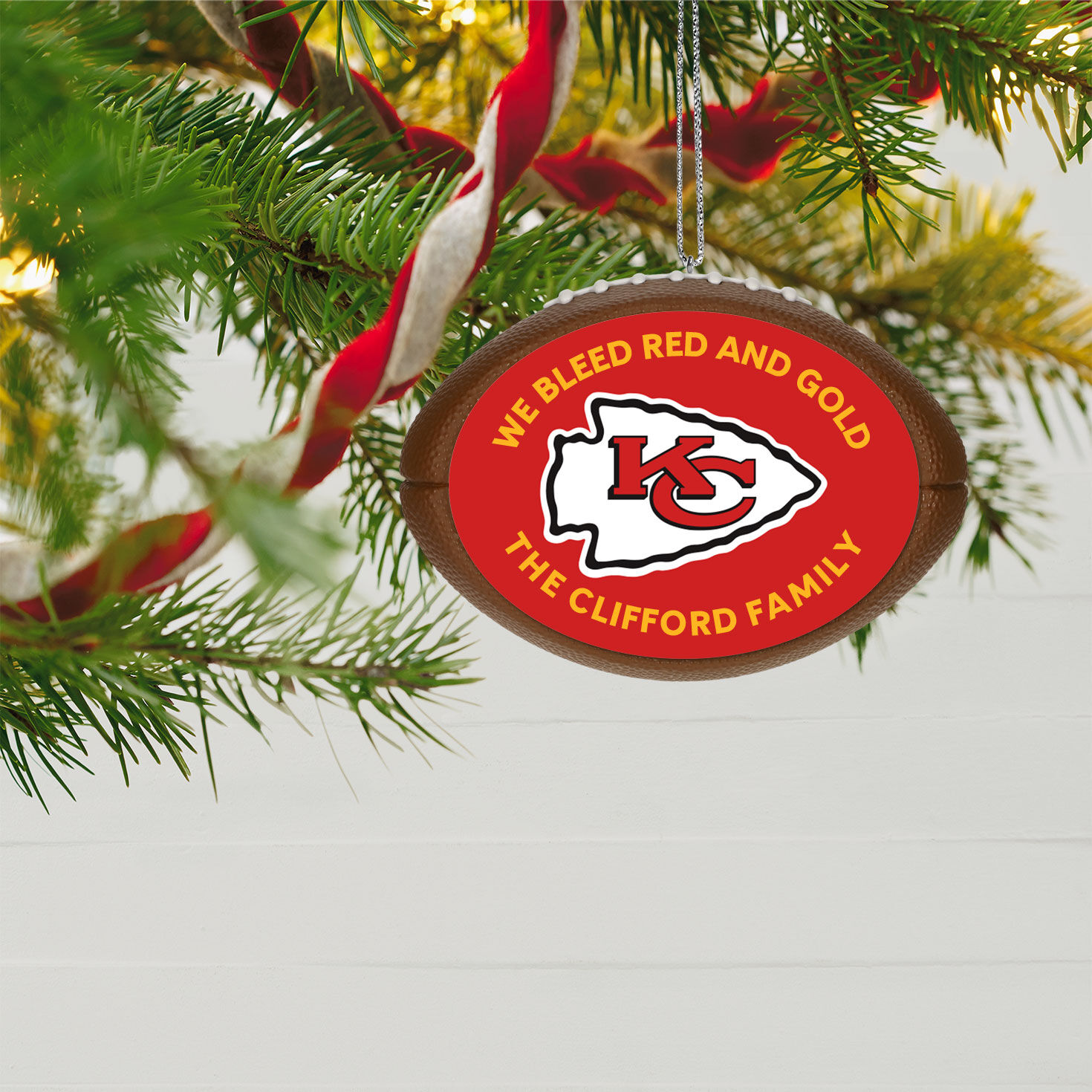 NFL Football Kansas City Chiefs Text Personalized Ornament hanging on tree image number 4