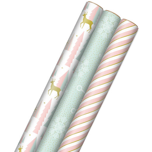 Pink and Mint Assorted 3-Pack Christmas Wrapping Paper, 120 sq. ft., 