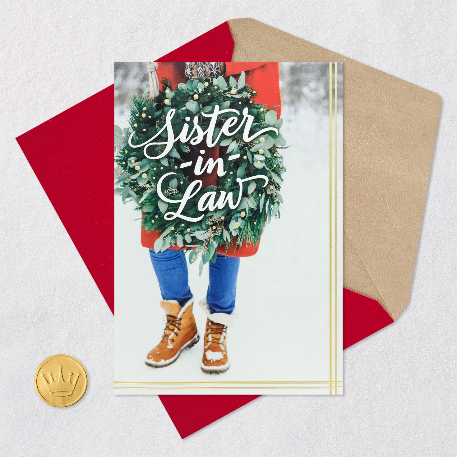 Holiday Wreath Christmas Card for Sister-in-Law Card Front with Envelope and Gold Seal image number 5