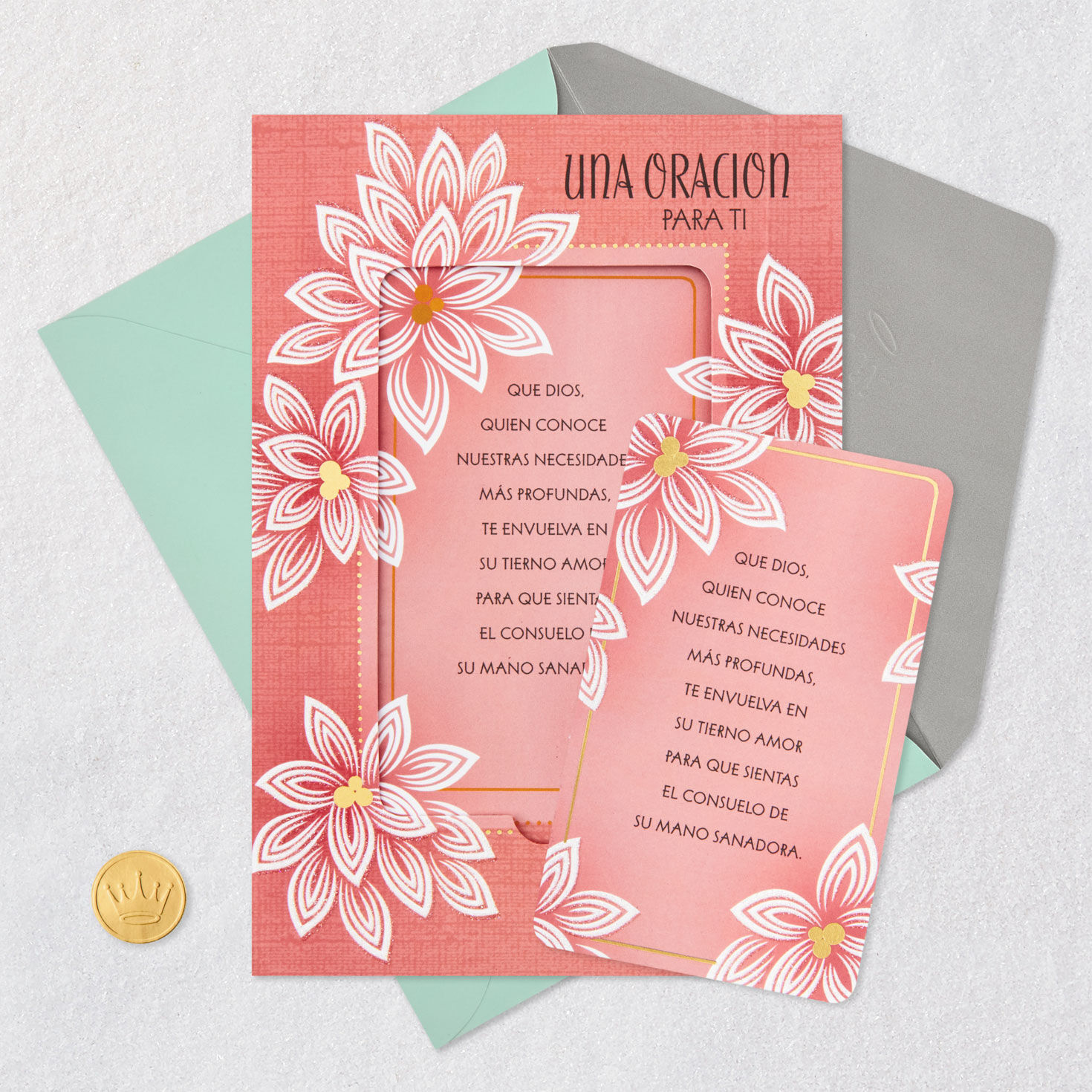 White Flowers on Pink Thinking of You Card in Spanish Card Front with Envelope and Gold Seal image number 7