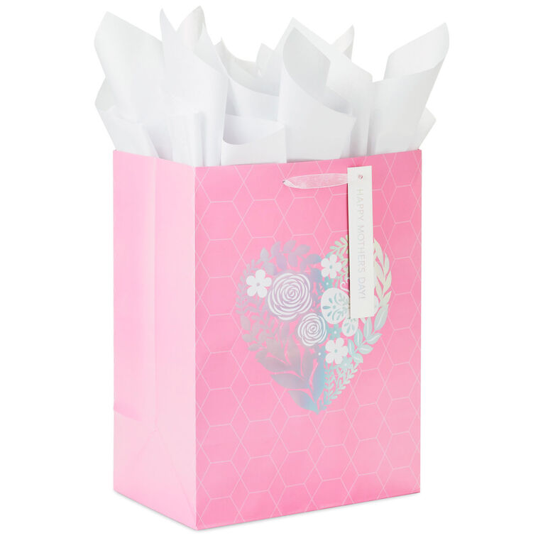 17" Pink Floral Heart XL Mother's Day Gift Bag With Tissue