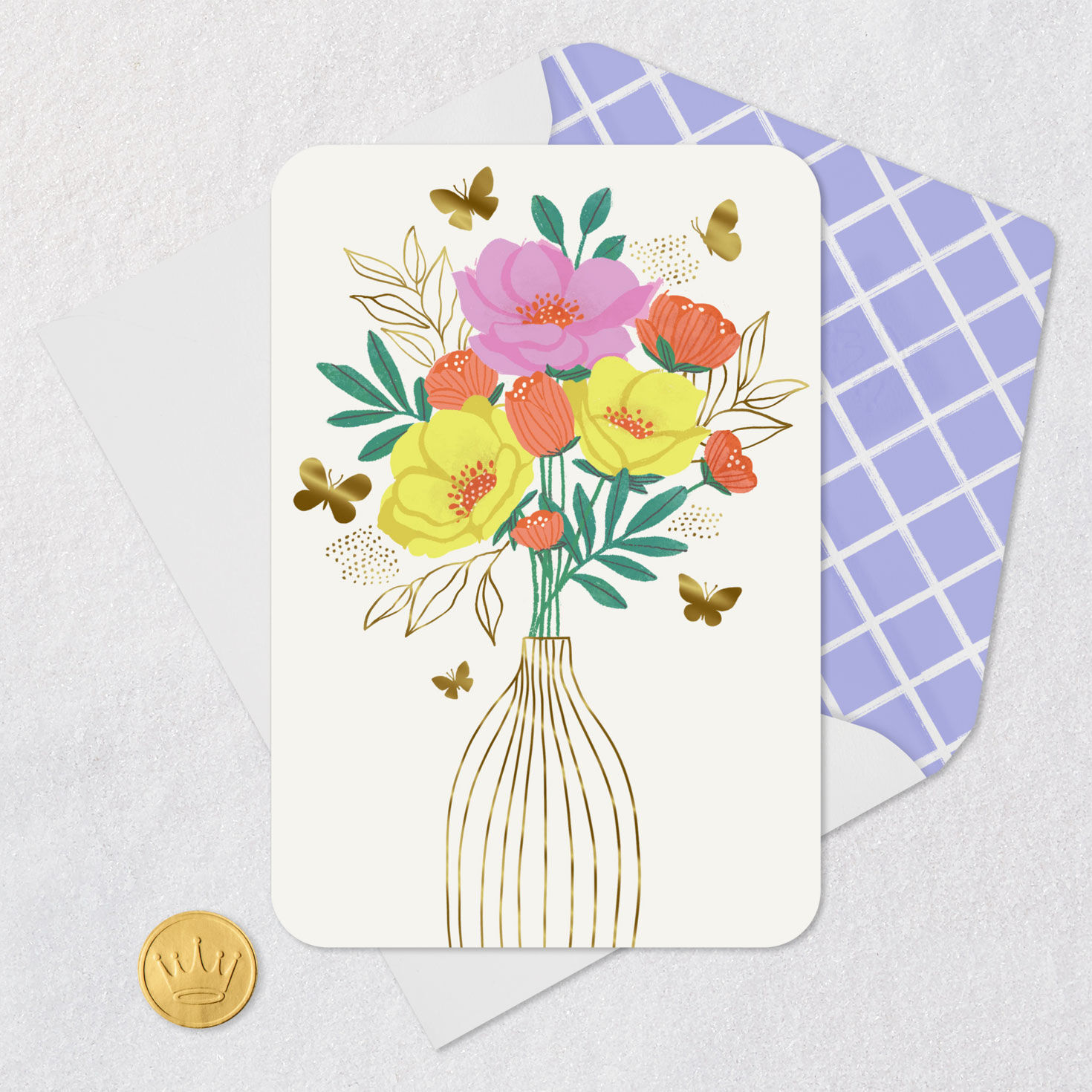 Butterflies and Flowers in Vase Blank Card Card Front with Envelope and Gold Seal image number 4