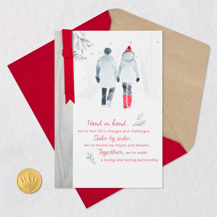 Couple Holding Hands in Snow Wife Christmas Card Card Front with Envelope and Gold Seal image number 7