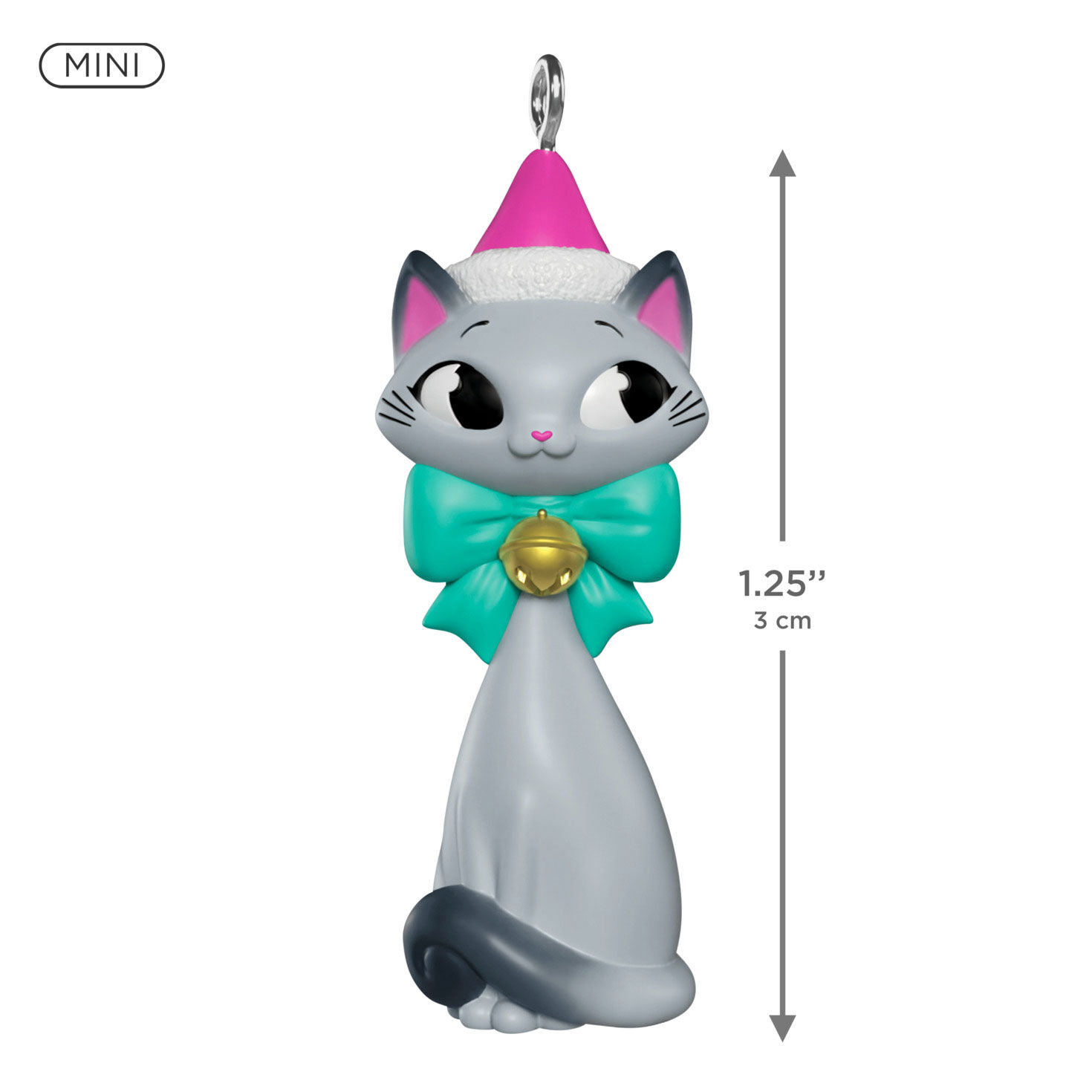 Gray Cat in Santa Hat Green Bow Keepsake Ornament measurement image number 3