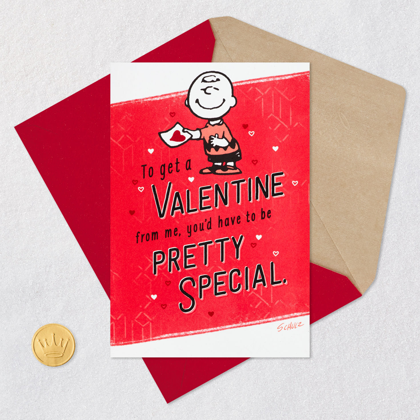Red Peanuts Charlie Brown Valentine's Day Card Card Front with Envelope and Gold Seal image number 5