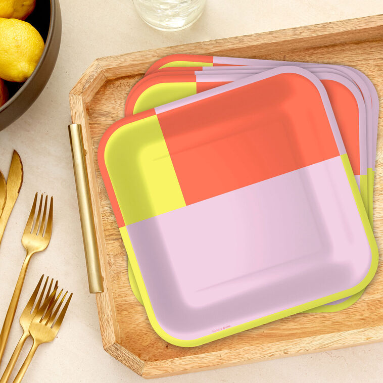 Yellow, Pink and Orange Color Block Dinner Plates, Pack of 8 - Party ...