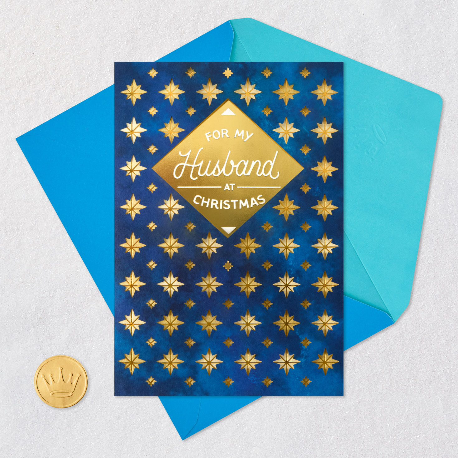 Gold Stars on Blue Christmas Card Card Front with Envelope and Gold Seal image number 7