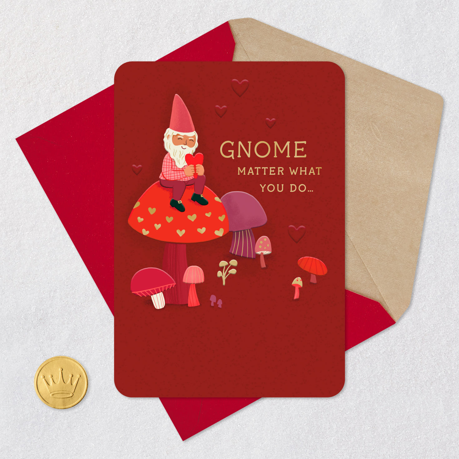 Dark Red Gnome and Mushroom Valentine's Day Card Card Front with Envelope and Gold Seal image number 6